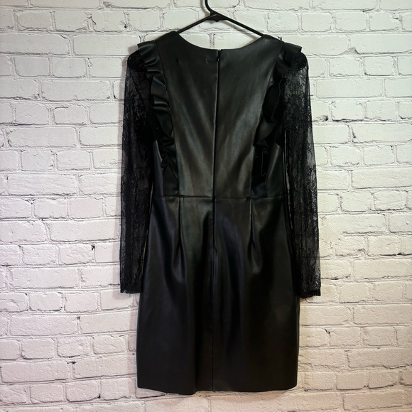 Zara Faux Leather Mini Dress with Lace Sleeves and Ruffled Bodice - Picture 3 of 8